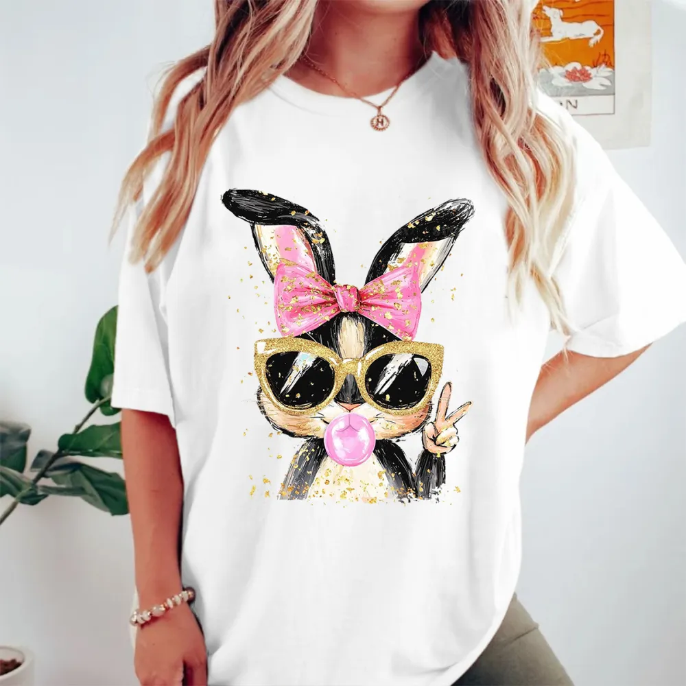 Easter Shiny Bunny Say Hi Printed Round Neck Short Sleeve T-Shirt