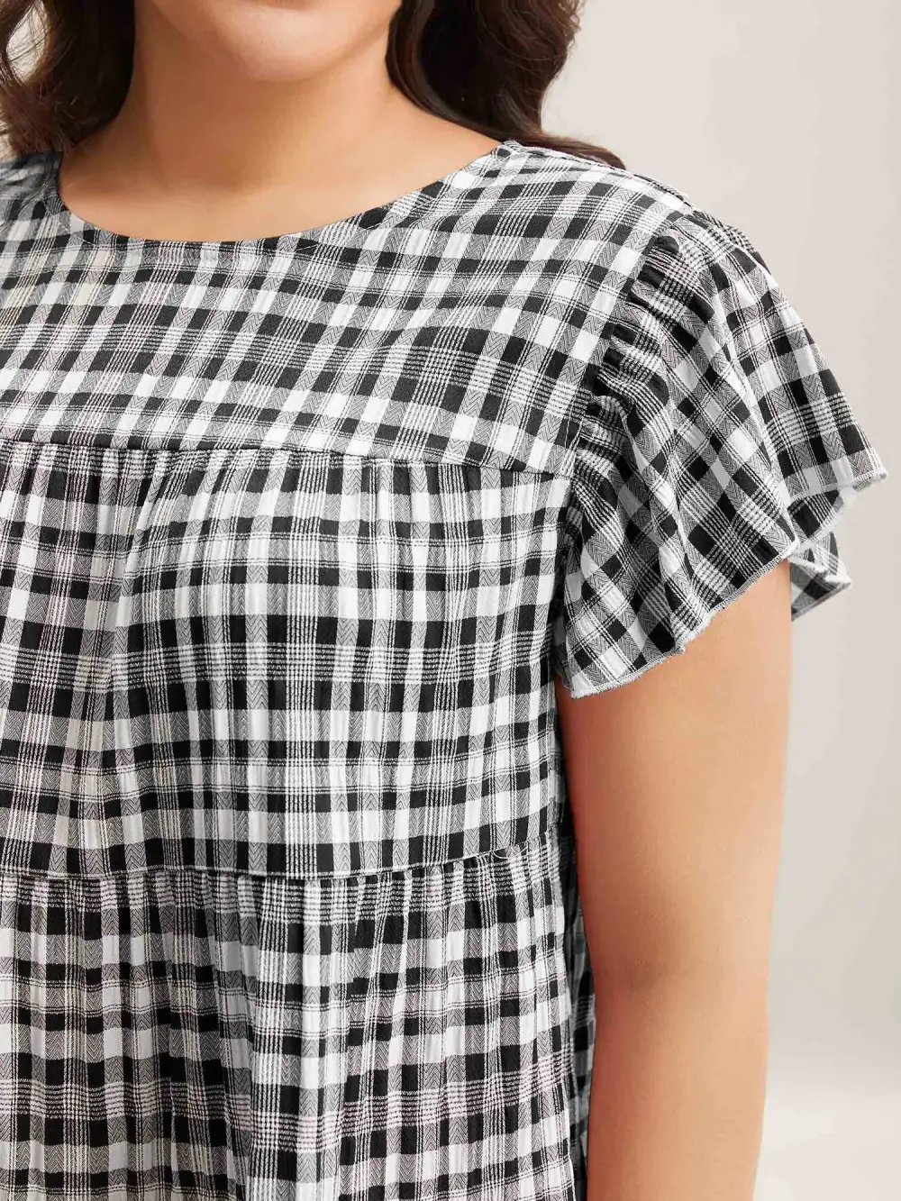 Plaid Print Textured Lotus Leaf Sleeve Shirt