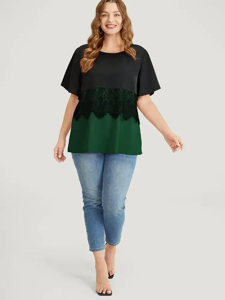 Colorblock Contrast Lace Panel Ruffles Blouse