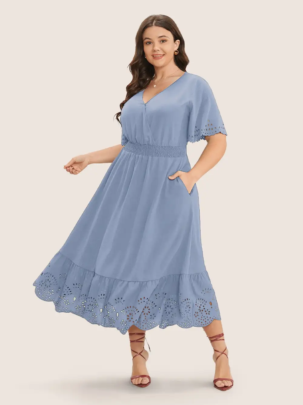 Solid Laser Cut Shirred Pocket Wrap Scalloped Trim Flutter Dress