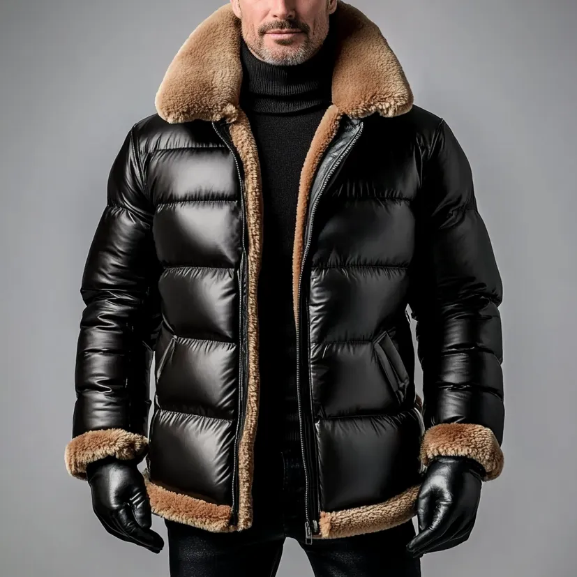 Men's Plush Patchwork Lapel Zipper PU Leather Quilted Coat