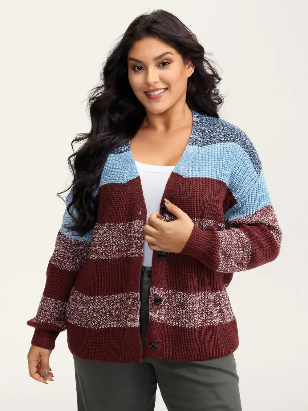 Colorblock Buttons V-Neck Knit Cardigan