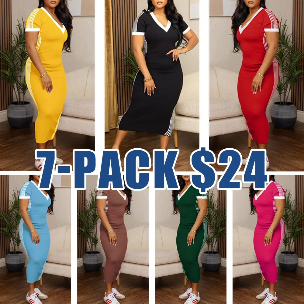 Women's Striped Trim V-Neck Short Sleeve Casual Summer Dress