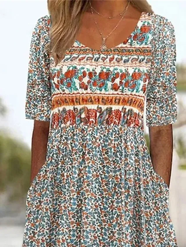 Women's Casual Dress Summer Dress Boho Dress Floral Ruched Pocket Crew Neck Midi Dress