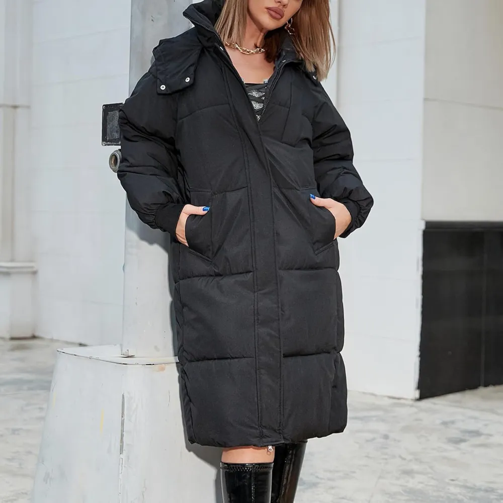 Women's Cotton Long Jacket Winter Warm Outdoor Zipper Pocket Down Coats Thickened Solid Puffer Outwear With Hoodie