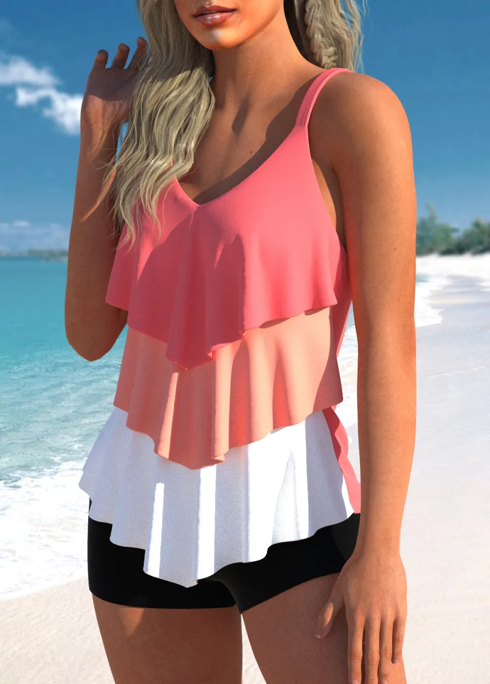 Handkerchief Hem Pink Plants Print Tankini Set
