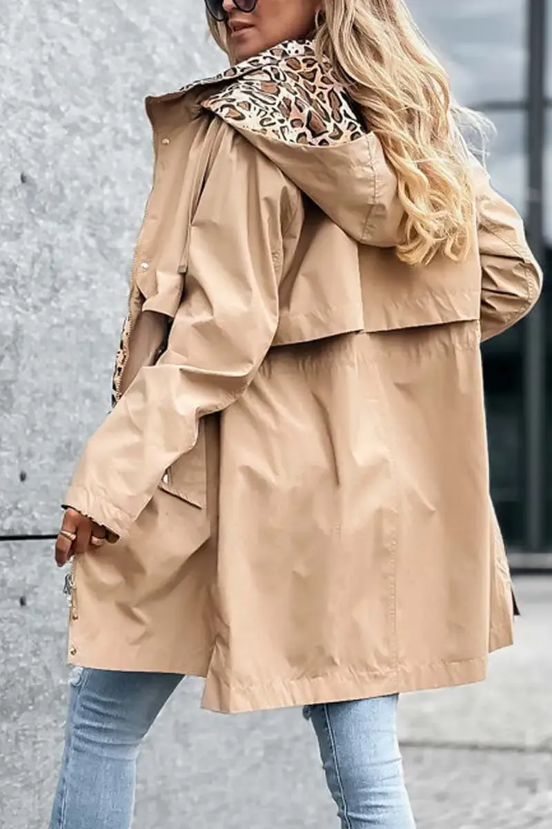 Casual Leopard Print Patchwork Hooded Windbreaker Jacket