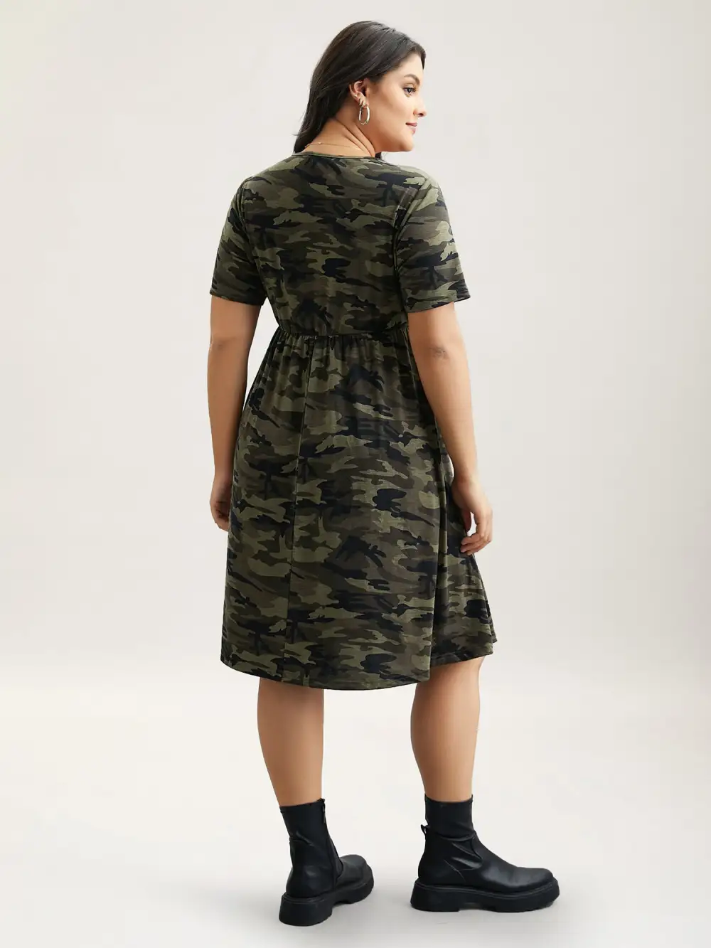 Camouflage Print Round Neck Pockets Midi Dress