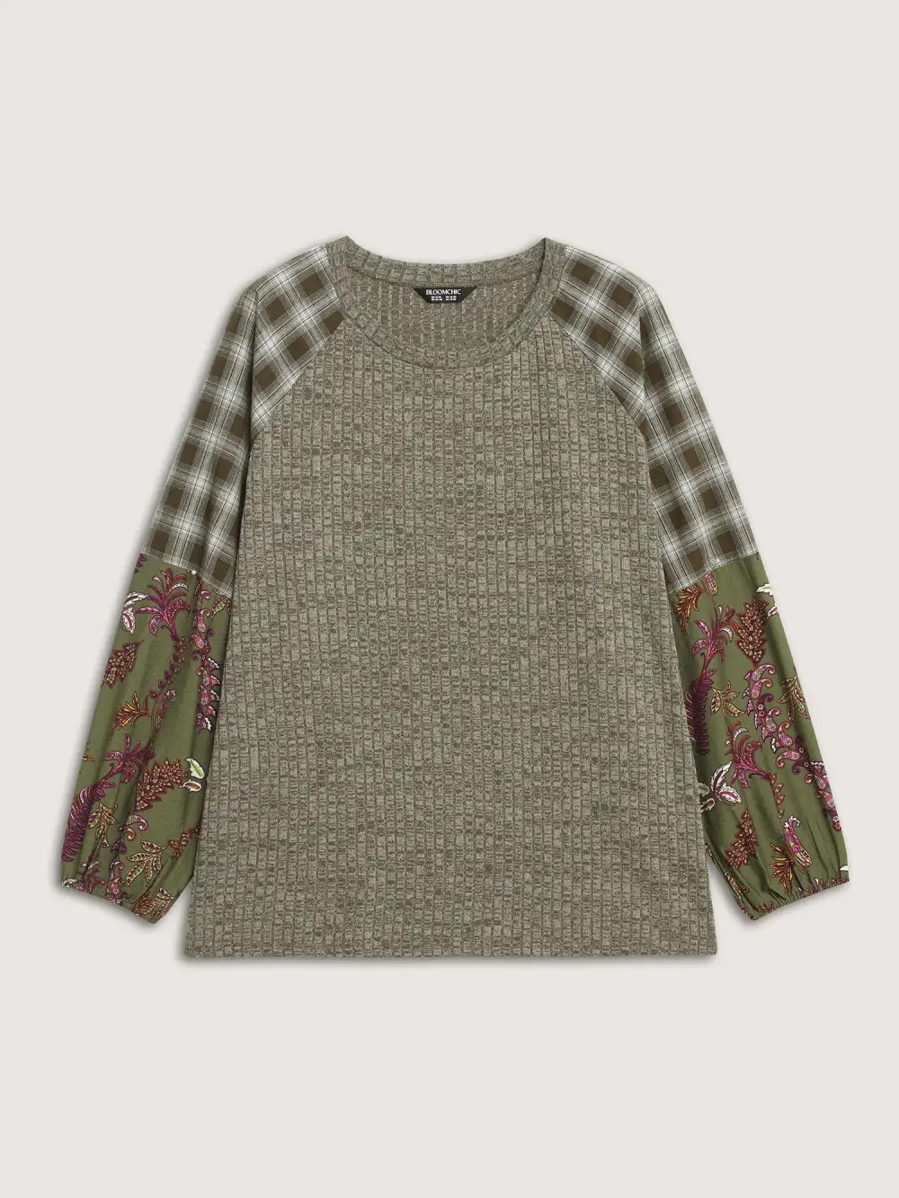 Plaid Sleeve Color Contrast Textured Sweatshirt