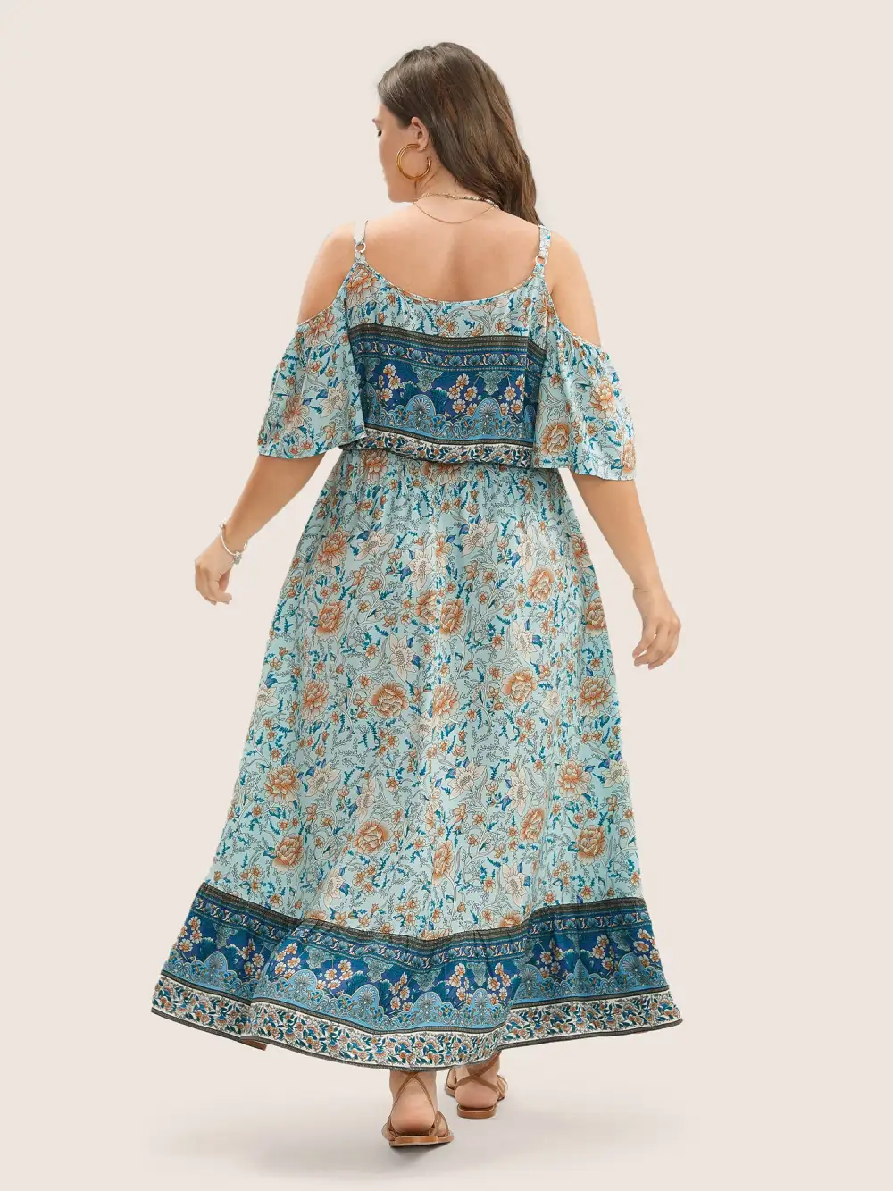 Floral Print Pocket Keyhole Ruffles Cold Shoulder Maxi Dress