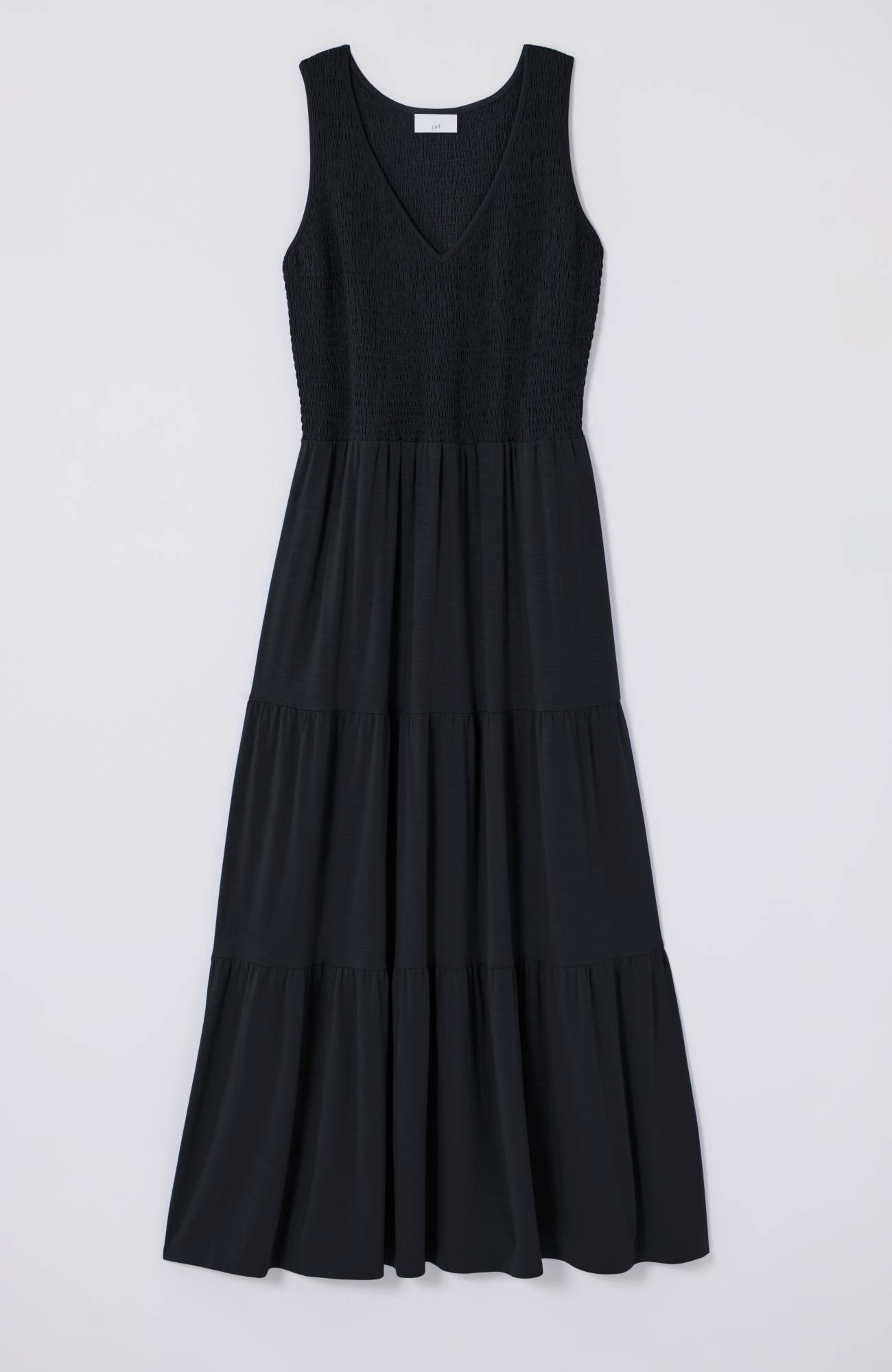 smocked tiered midi dress