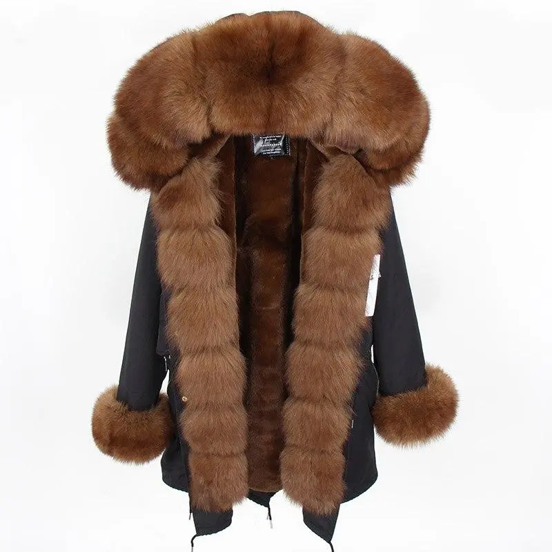✨Clearance Sale✨ Women's Parka Fox Fur Coats Real Fur Winter Long Black Park Cotton Thick Warm