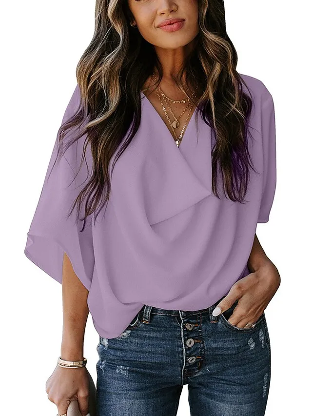 Women's Shirt Blouse Almond Black White Plain Long Sleeve Casual Basic V Neck S