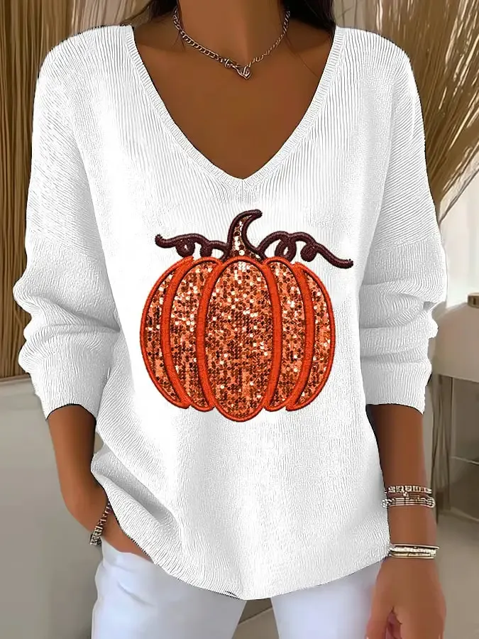 Women'S Retro Autumn Pumpkin Print T-Shirt
