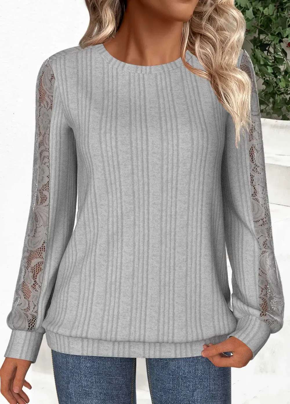 Grey Lace Long Sleeve Round Neck Sweatshirt