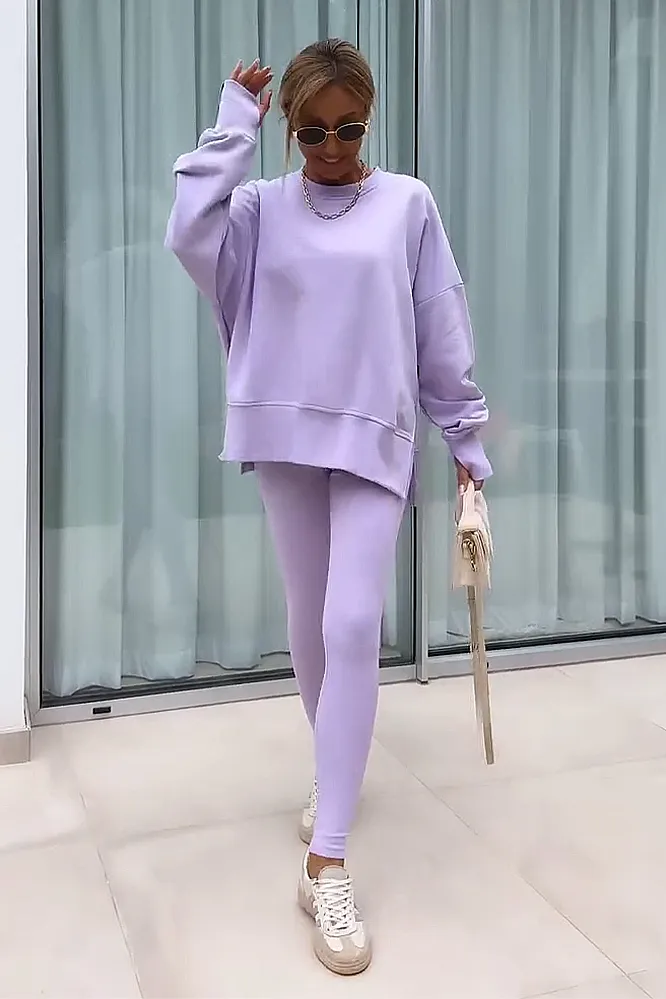 Women's solid color round neck top and pants two-piece set