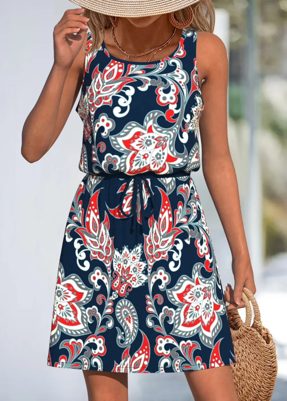 Navy Lace Up Paisley Print Short Strappy Dress