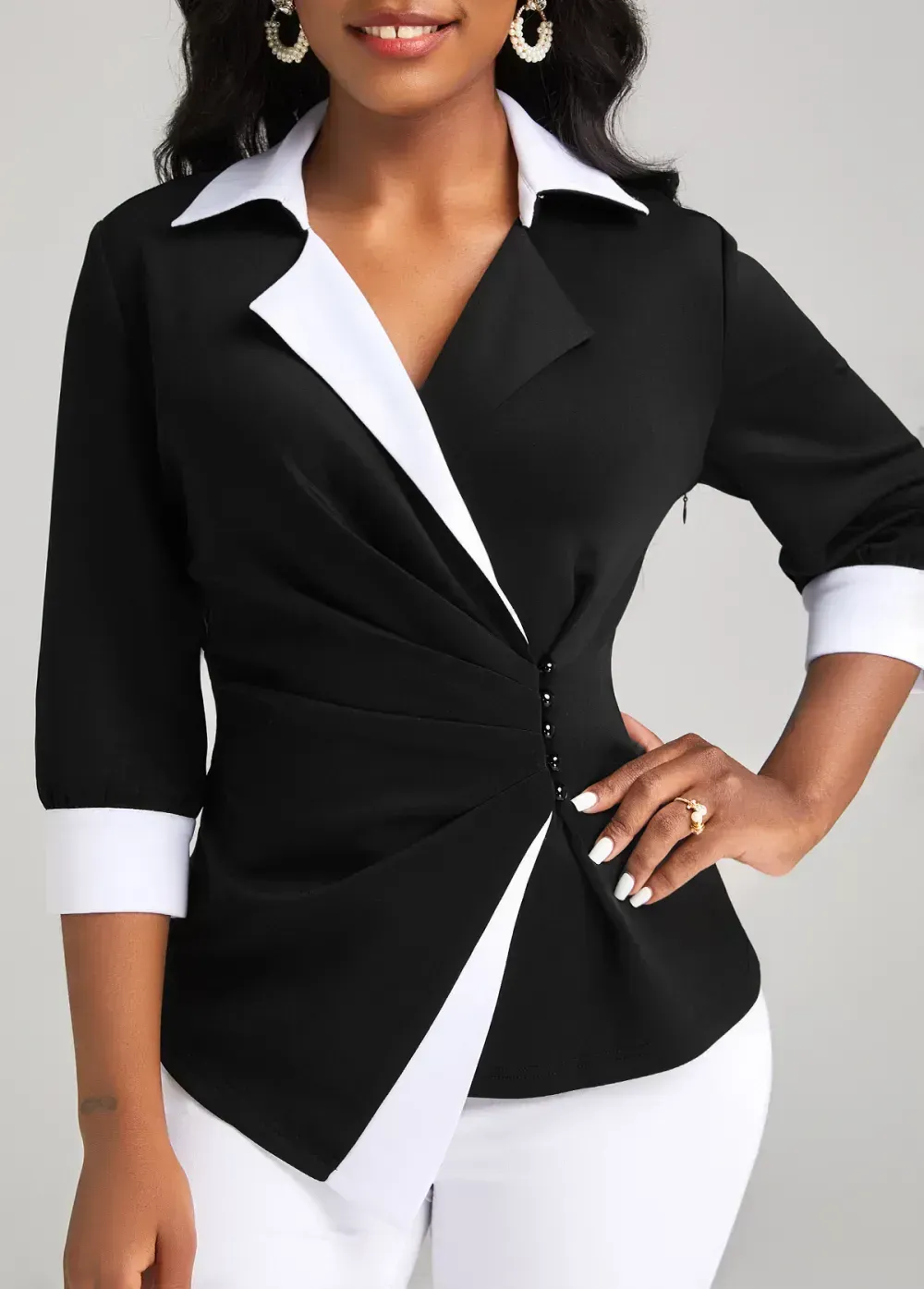 Black Button 3/4 Sleeve Lapel Blouse