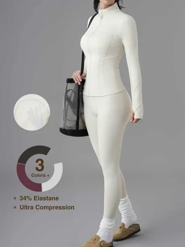 Women's Solid Zip Up Jacket & High Waist Leggings Tracksuit Set