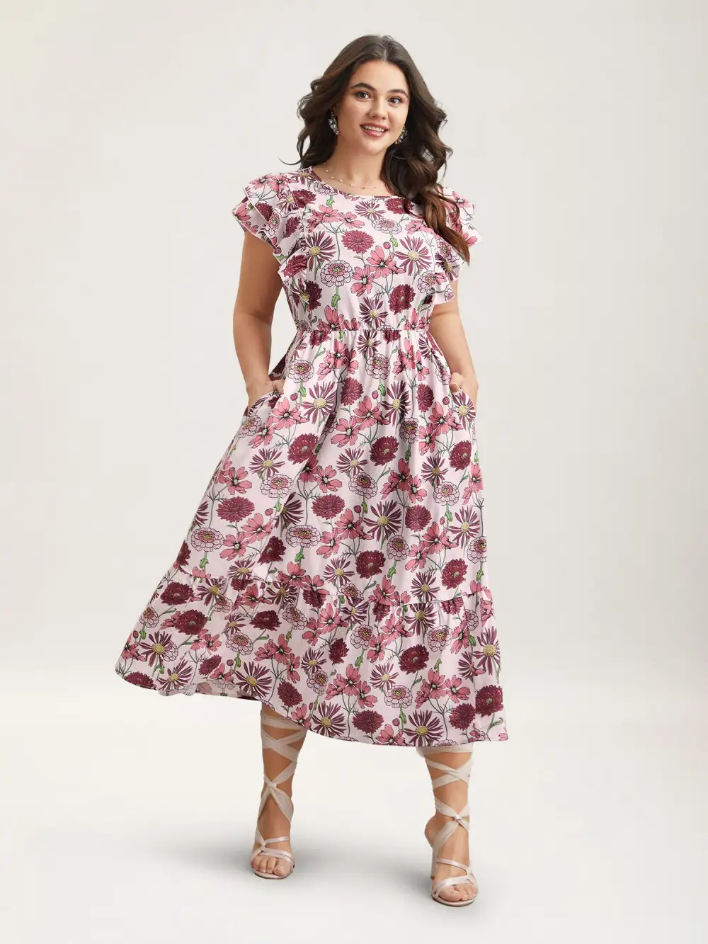 Ruffled Floral Print Stretchy-Waist Midi Dress