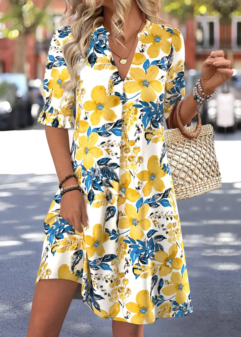 Multi Color Floral Print Short Half Sleeve Dress