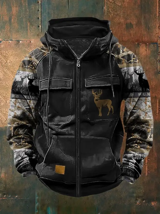 Men's Vintage Western Deer Print Multi-Pocket Jacket