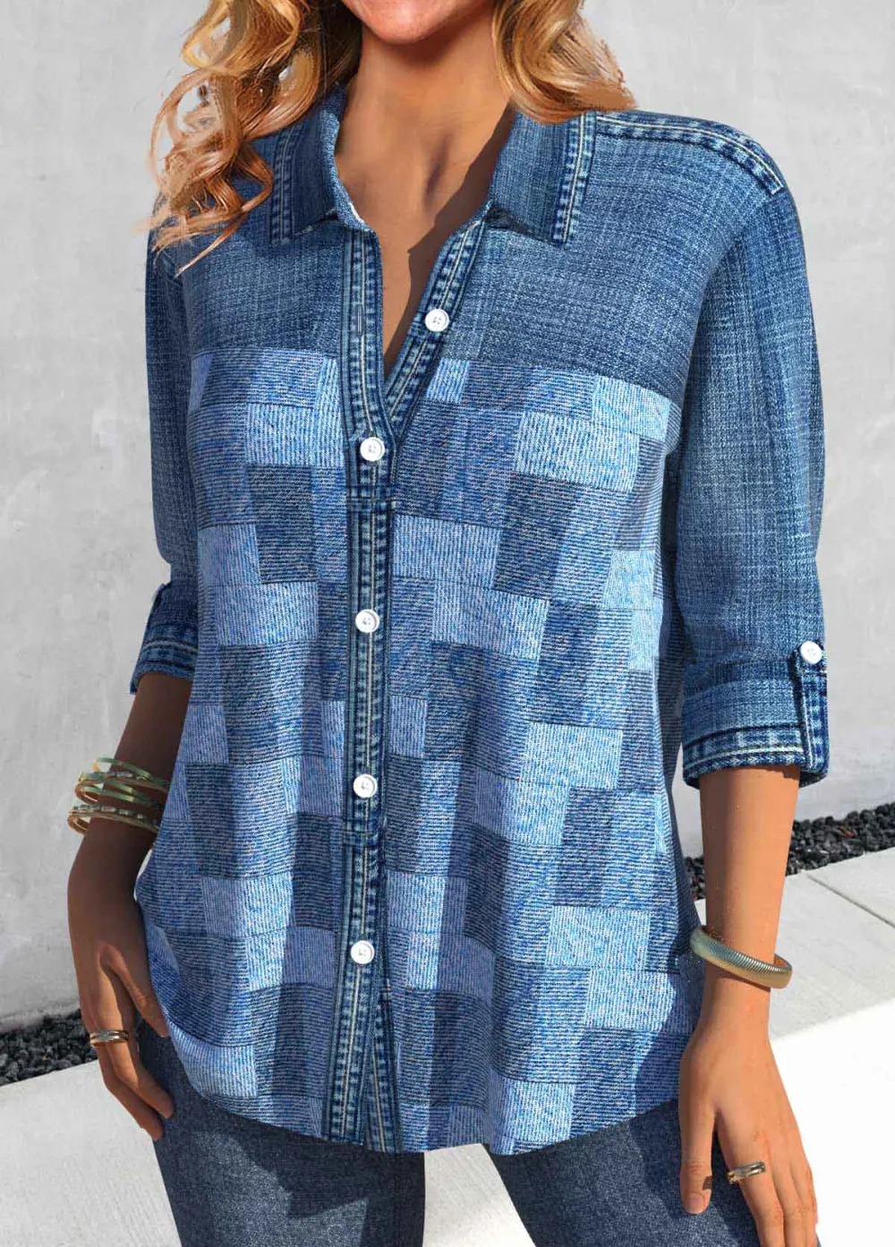 Denim Blue Patchwork Denim-effect Print Long Sleeve Blouse