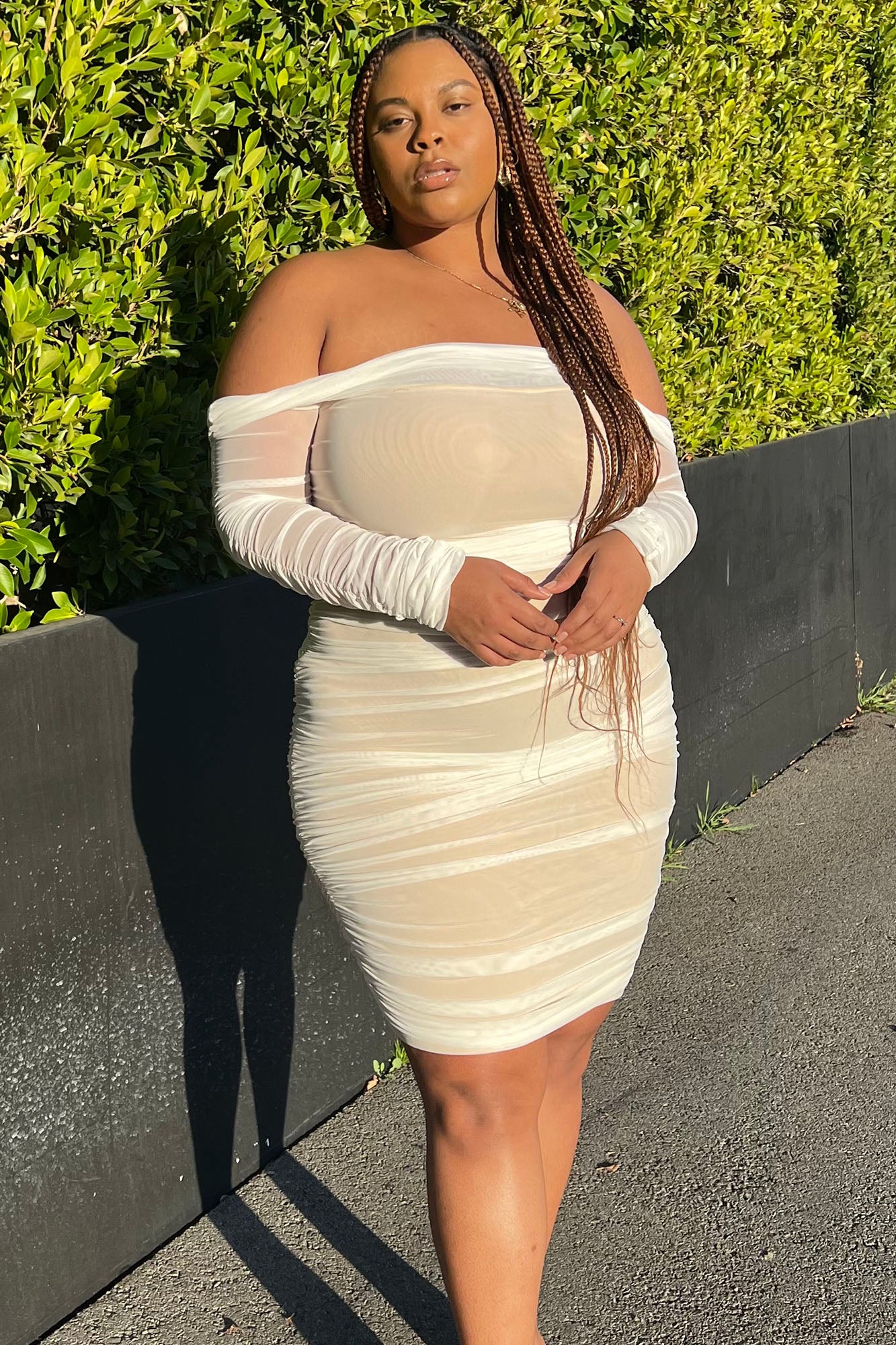 Ready In A Ruched Off Shoulder Midi Dress - White