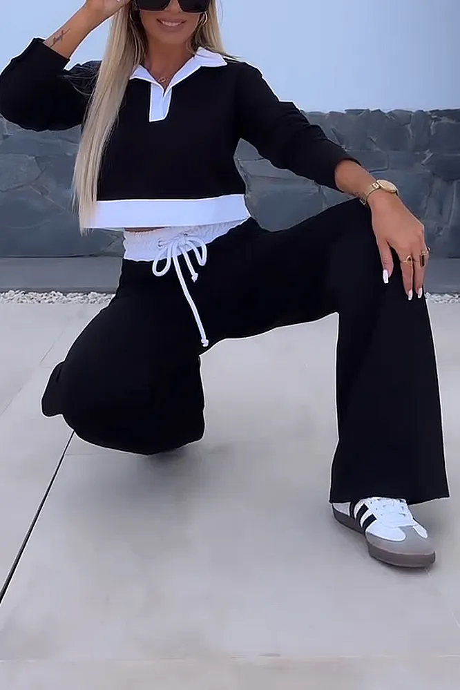 Women's contrasting splicing V-neck and pants two-piece set