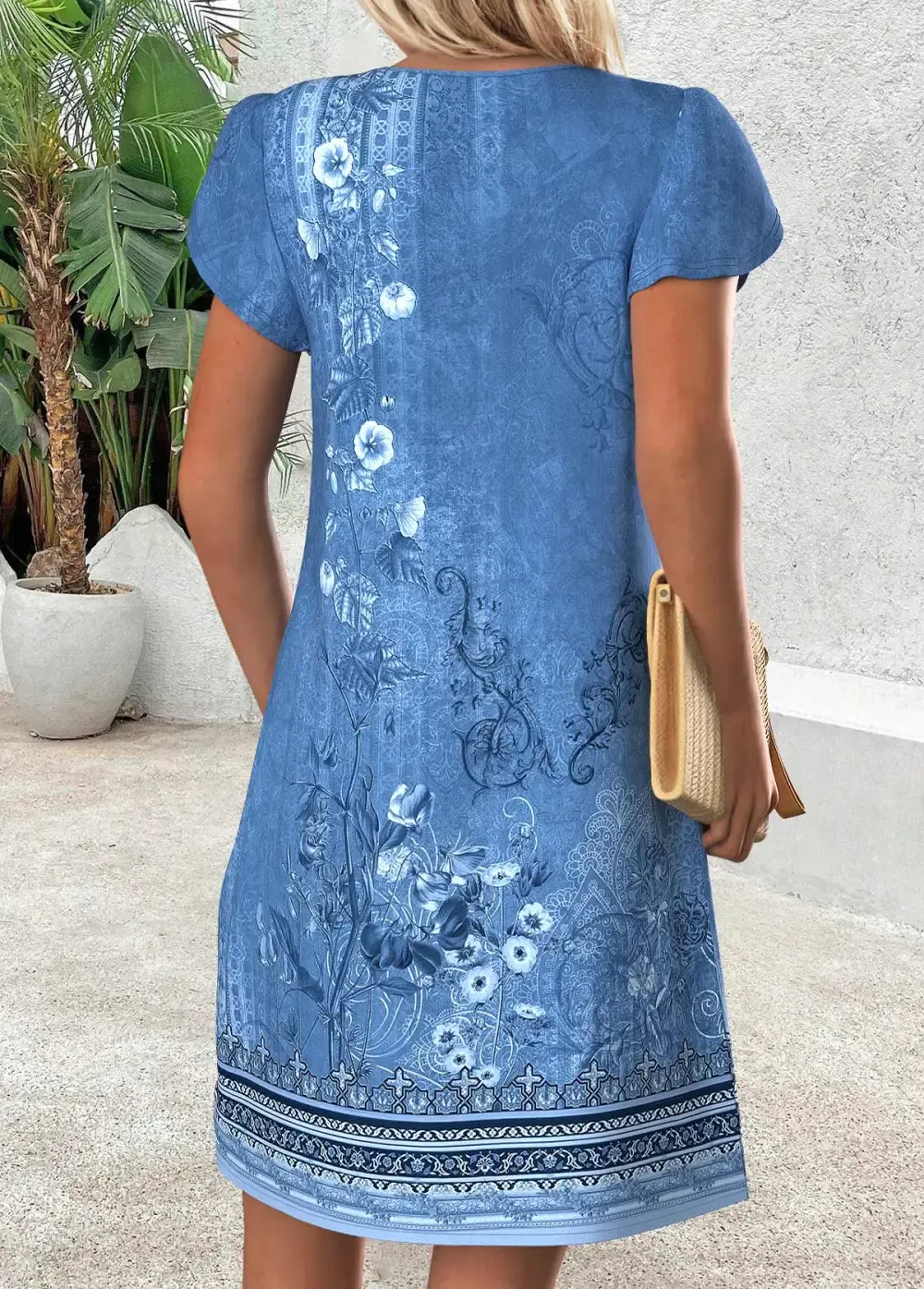 Blue Tribal Print Short Split Neck Dress