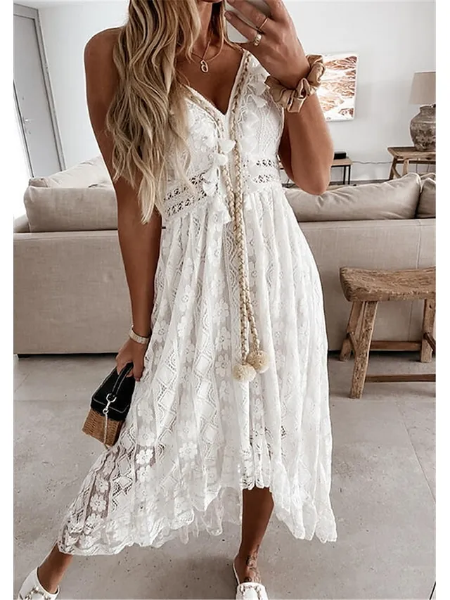 Women's Party Dress Lace Dress Casual Dress Holiday Dress Long Dress Maxi Dress White Beige Sleeveless Print Lace Summer Spring V Neck Basic