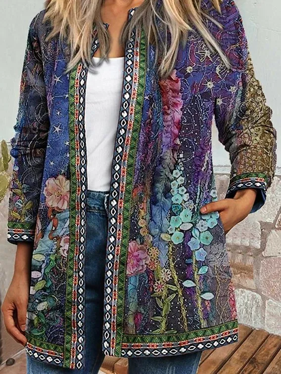 Floral Print Vintage Crew Neck Jacket