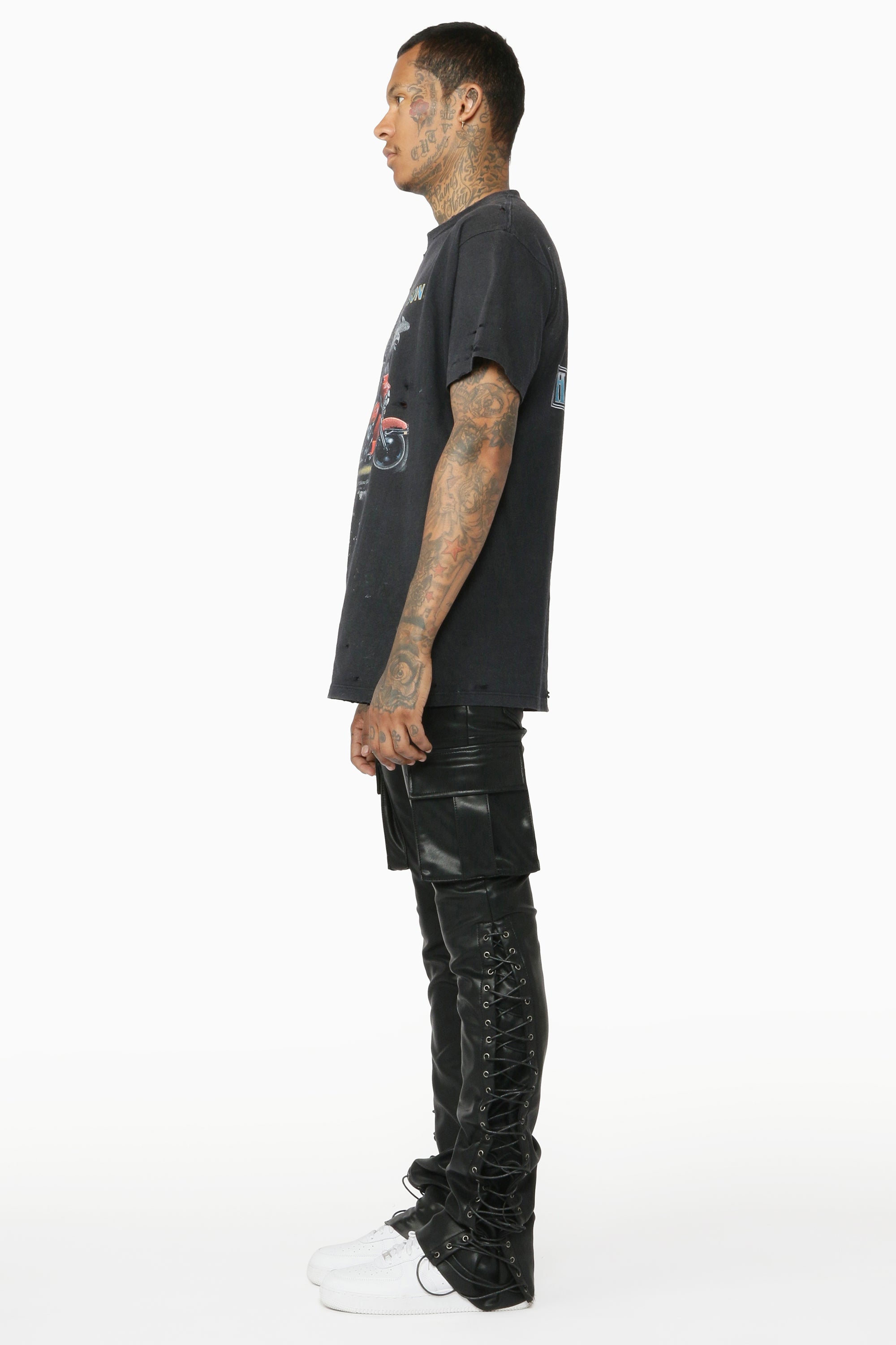 Honor Black Faux Leather Stacked Flare Jean