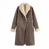 Women's Coat Faux Fur Coat Warm Comfortable Pocket Buttons Casual Plain Vacation Street Casual Going out Long Turndown Regular Fit Long Sleeve Outerwear Brown Fall Winter