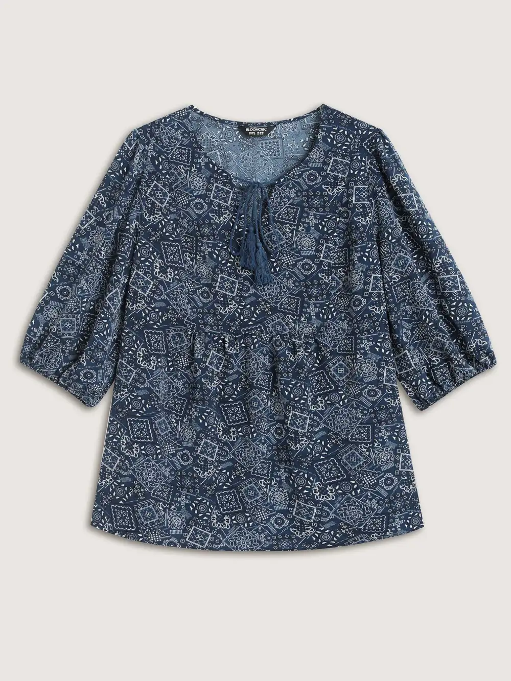 Boho Print Neck Tie Lantern Sleeve Blouse