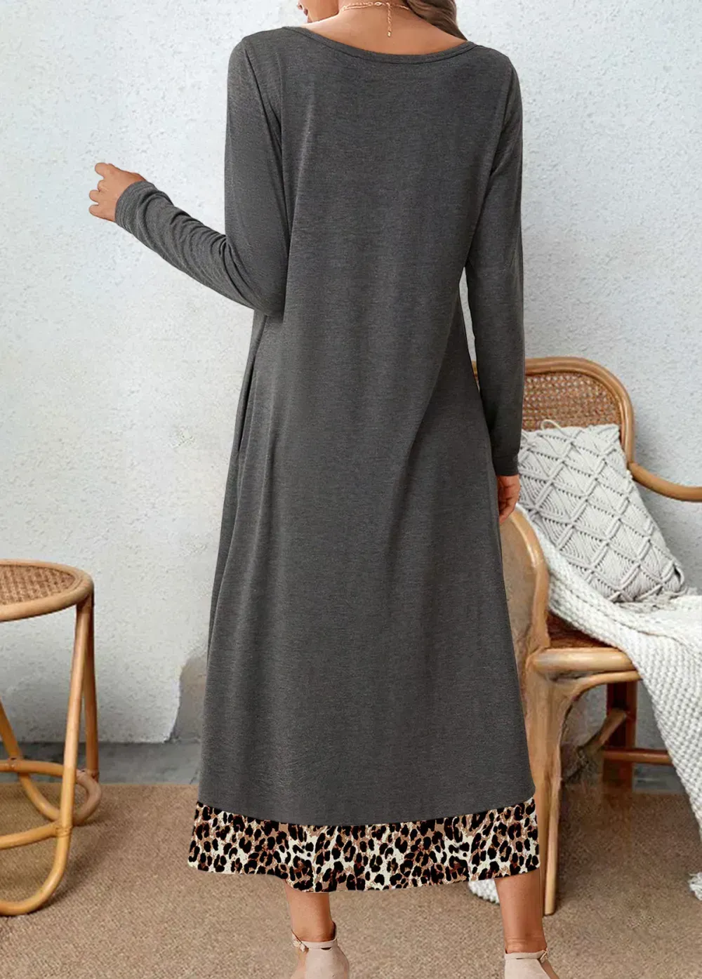 Dark Grey Button Leopard A Line Dress