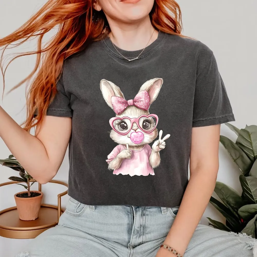 Easter Pink Bunny Blowing Bubbles Printed Round Neck Short Sleeve T-Shirt