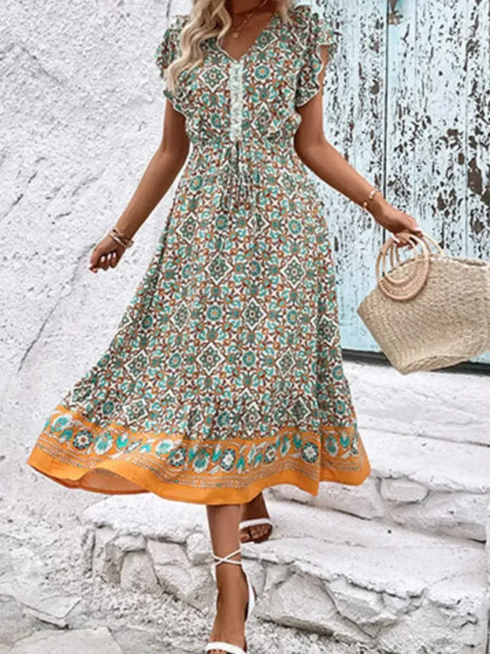 Women Floral V Neck Short Sleeve Comfy Casual Midi Dress