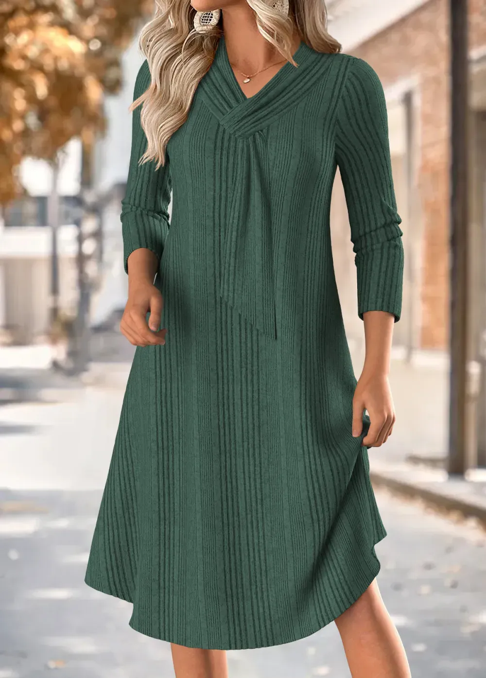 Blackish Green Tummy Coverage Long Sleeve V Neck Dress