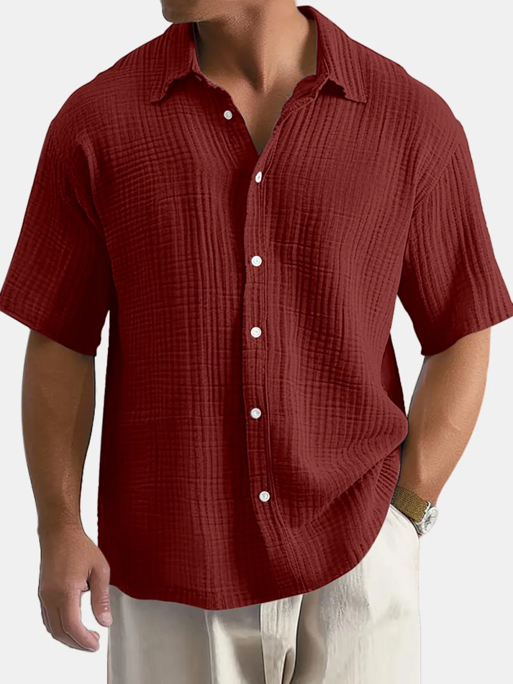 Men's Casual Summer 100% Cotton Solid Color Short Sleeve Shirt
