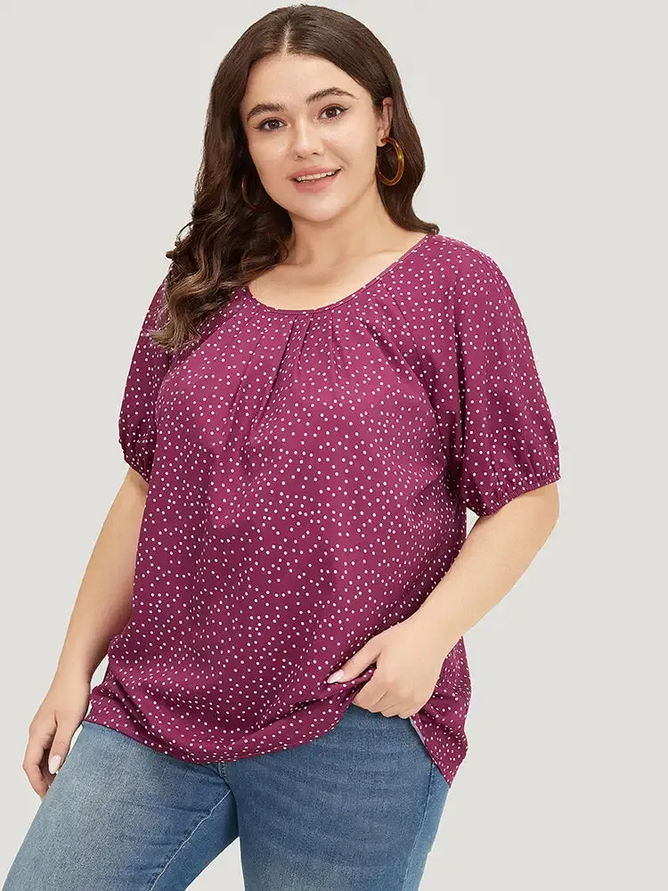 Polka Dot Pleated Round Neck Puff Sleeve Blouse