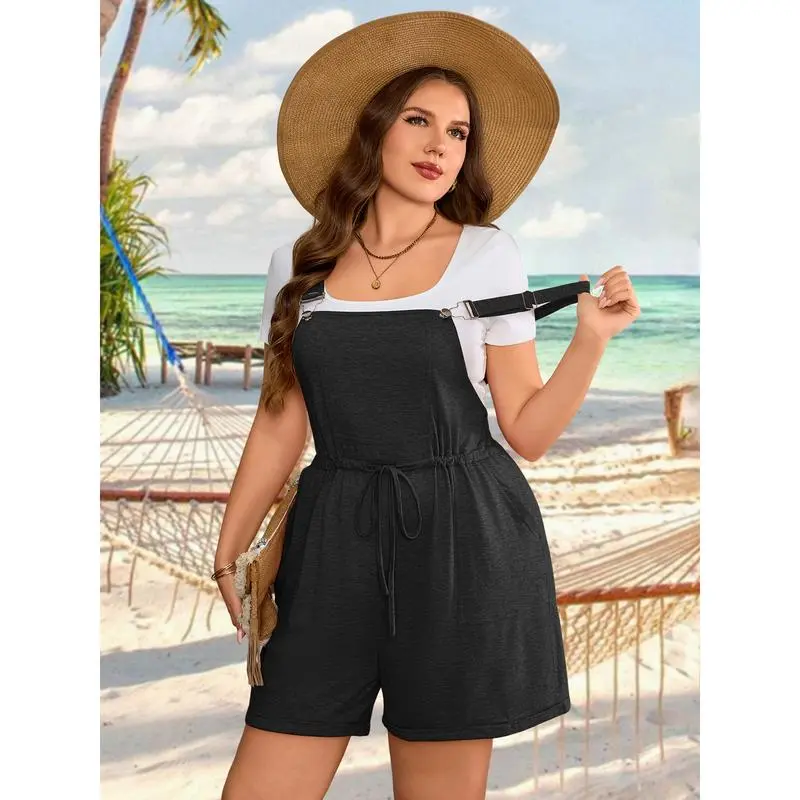 Women's Plus Size Drawstring Romper – Sleeveless Casual Jumpsuit with Pockets