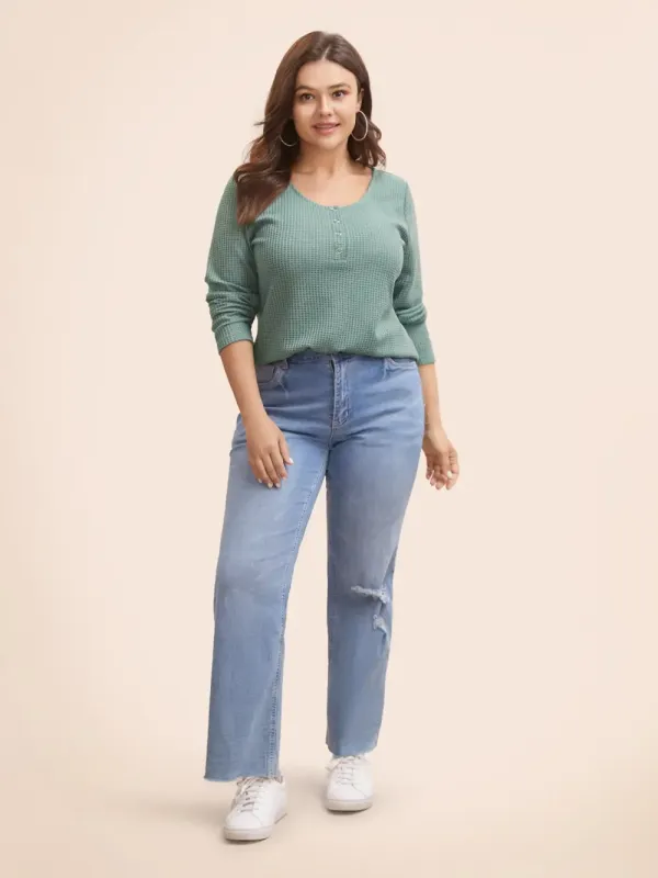 Solid Waffle Knit Round Neck T-Shirt