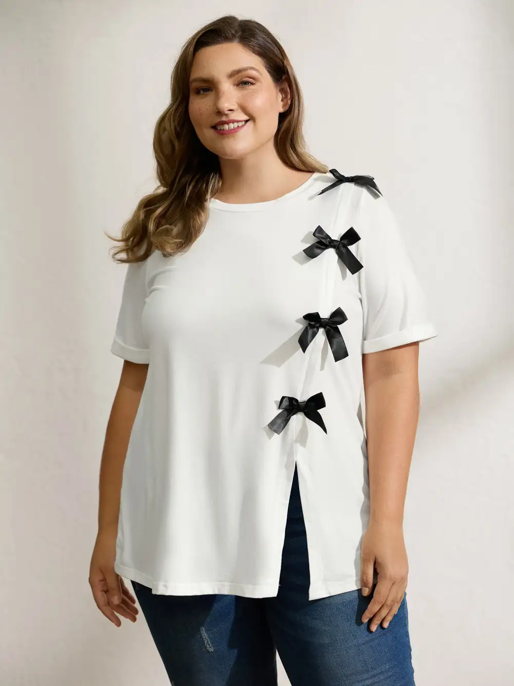 Bowknot Slit Round Neck T-Shirt