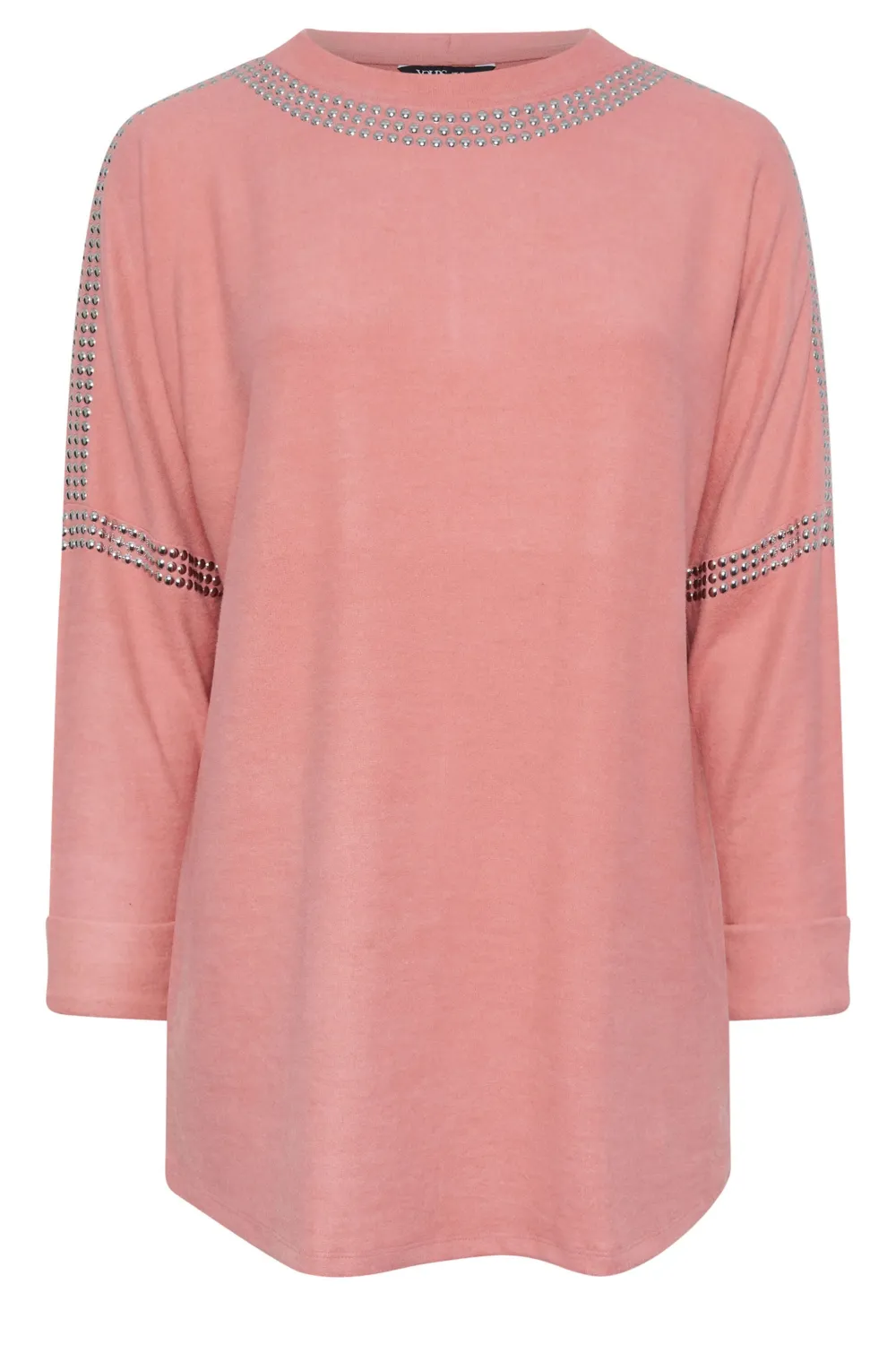 YOURS Curve Grey Stud Neckline Embellished Jumper