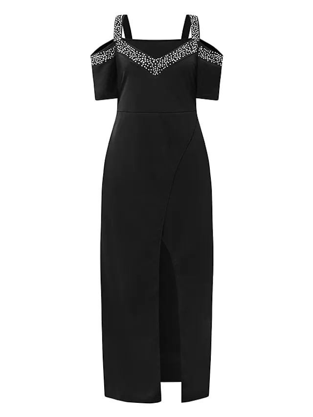 Women‘s Party Dress Black Dress Formal Dress Formal Evening Party Graduation Long Dress Maxi Dress Fashion Party V Neck Short Sleeve Patchwork Split 2023 Black Pure Color S M L XL 2XL
