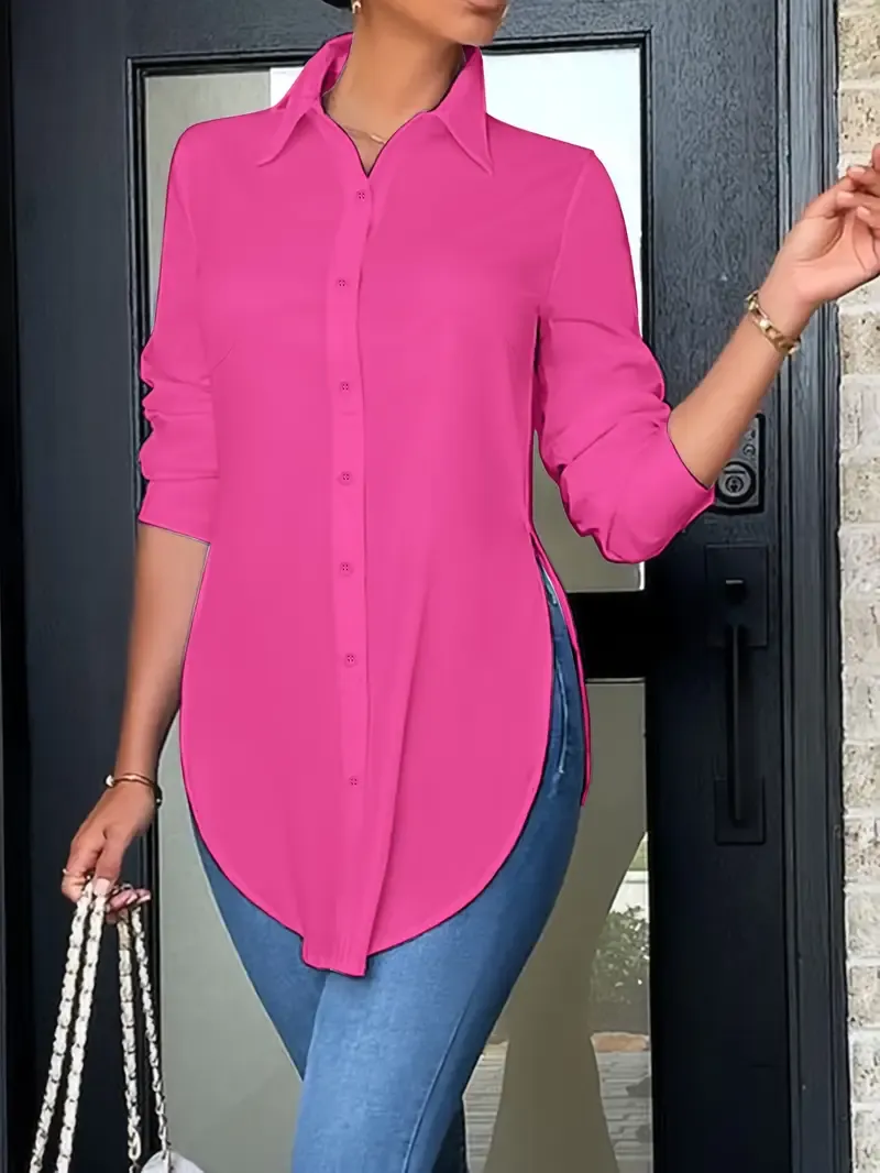 Women's Long Sleeve Shirt - Split Button Front, Casual Curved Hem