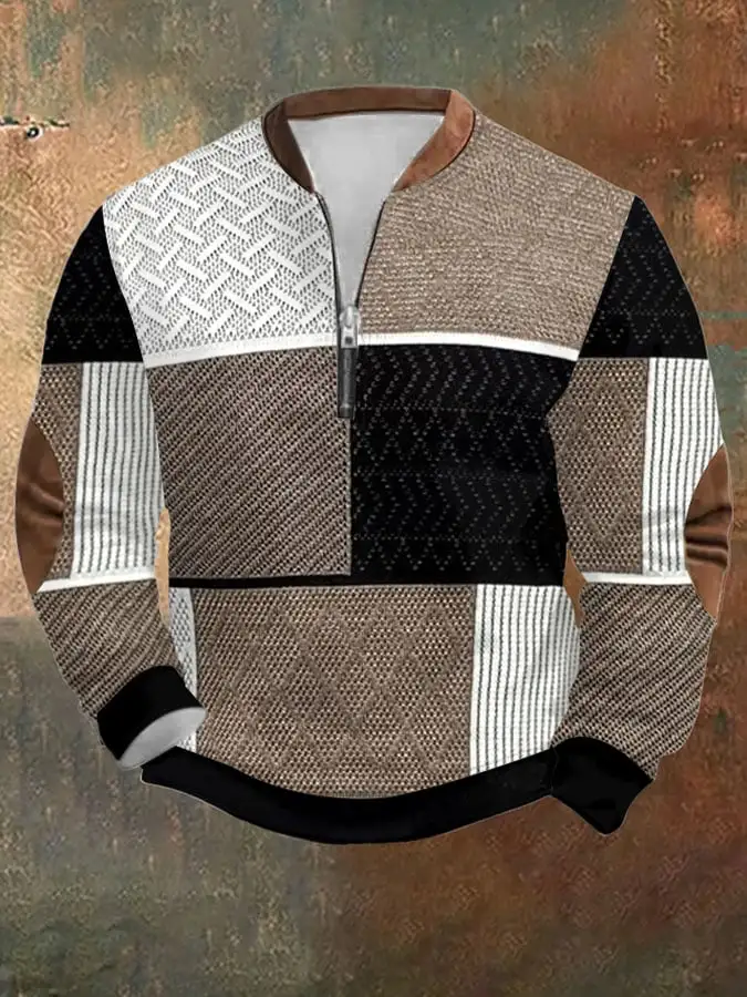 Men's Retro Western Textured Print Zip Collar Sweatshirt