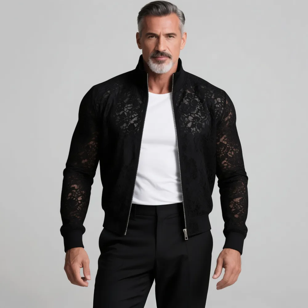 Men's Lace See-Through Stand Collar Long Sleeve Zipper Jacket