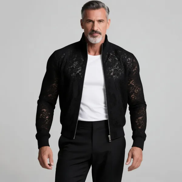 Men's Lace See-Through Stand Collar Long Sleeve Zipper Jacket